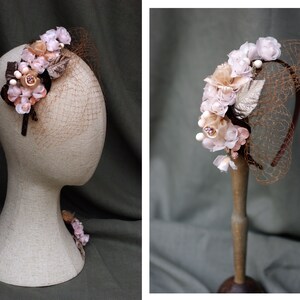 BOHO WEDDING Bridal accesories: Headband & Corsage // pale pink beige taupe // Original silk velvet Vintage // Brooch Headpiece Veil image 1