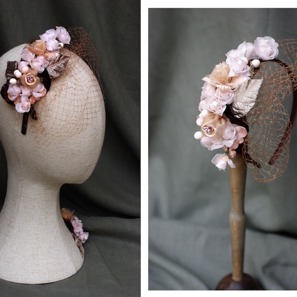 BOHO WEDDING - Bridal accesories: Headband & Corsage // pale pink beige taupe // Original silk velvet Vintage // Brooch Headpiece Veil