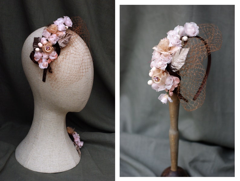 BOHO WEDDING Bridal accesories: Headband & Corsage // pale pink beige taupe // Original silk velvet Vintage // Brooch Headpiece Veil image 1