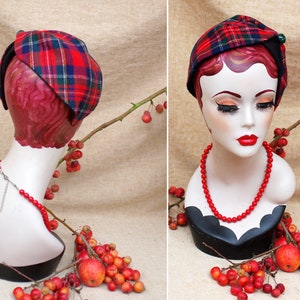 RED TARTAN plaid checked Headband // scottish Wool Half Hat Headpiece Vintage 60s style // Fascinator Scotland // hair covering church