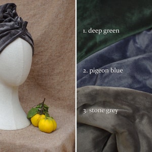 VELVET Turban hat deep green, pigeon blue or stone grey// Vintage diva 30s 40s Retro // accessories cancer hair lost therapy // Art nouveau image 5