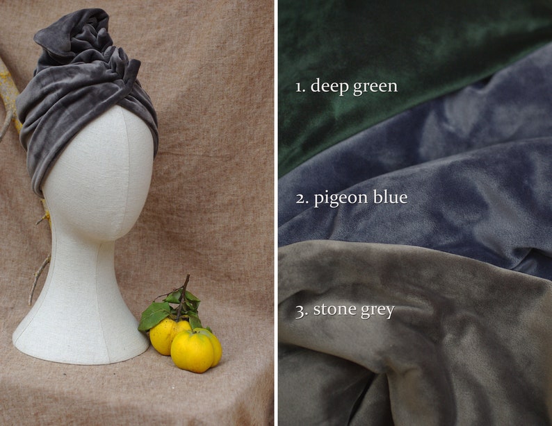 VELVET Turban hat deep green, pigeon blue or stone grey// Vintage diva 30s 40s Retro // accessories cancer hair lost therapy // Art nouveau image 5