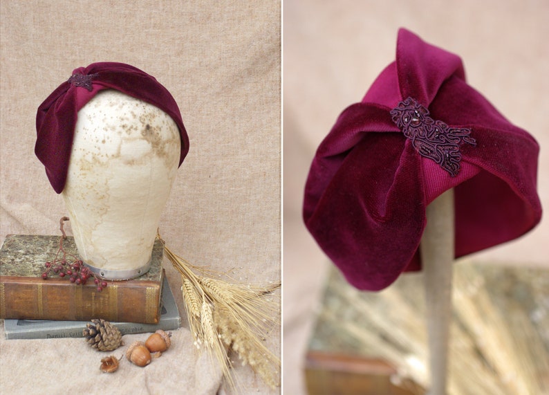 Wine purple red Velvet & WoolHalf Hat // Headpiece Vintage 30s 20s Aer Deco // Headband Fascinator burgundy // accesories image 7