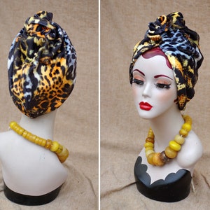 LEO / ANIMAL print : Velvet Full cap Turban // 60s Diva Look Turban // Accessories Vintage African style // brown orange yellow // Hair lost image 2