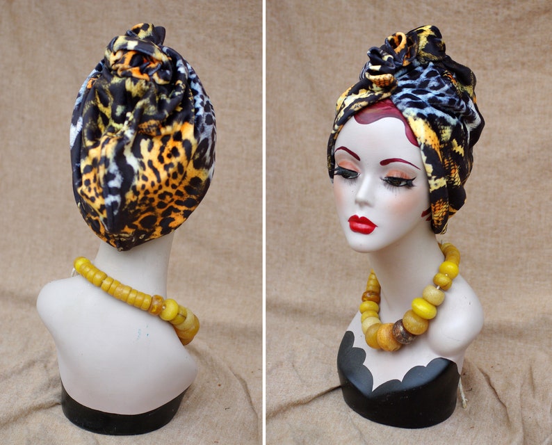 LEO / ANIMAL print : Velvet Full cap Turban // 60s Diva Look Turban // Accessories Vintage African style // brown orange yellow // Hair lost image 2