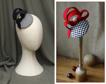 Casque Pepita bibi mini chapeau noir blanc rouge rockabella vintage années 50 élégant tweed bijoux de cheveux de mariage extravagant Houndstooth