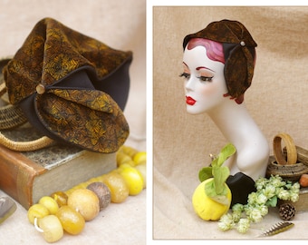 Elegant Velvet Half Hat Headpiece amber gold brown // Vintage style 30s 20s // Headband Fascinator hair lost // Fall Autumn colors