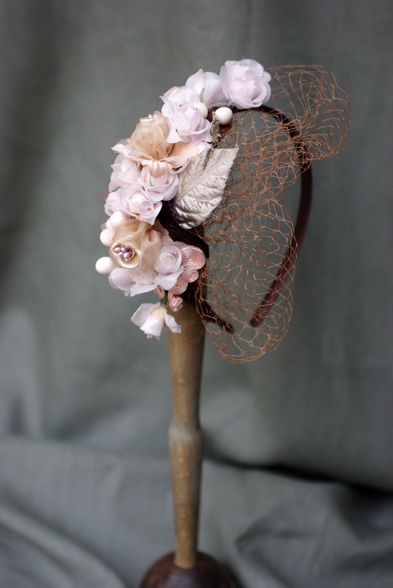BOHO WEDDING Bridal accesories: Headband & Corsage // pale pink beige taupe // Original silk velvet Vintage // Brooch Headpiece Veil image 2