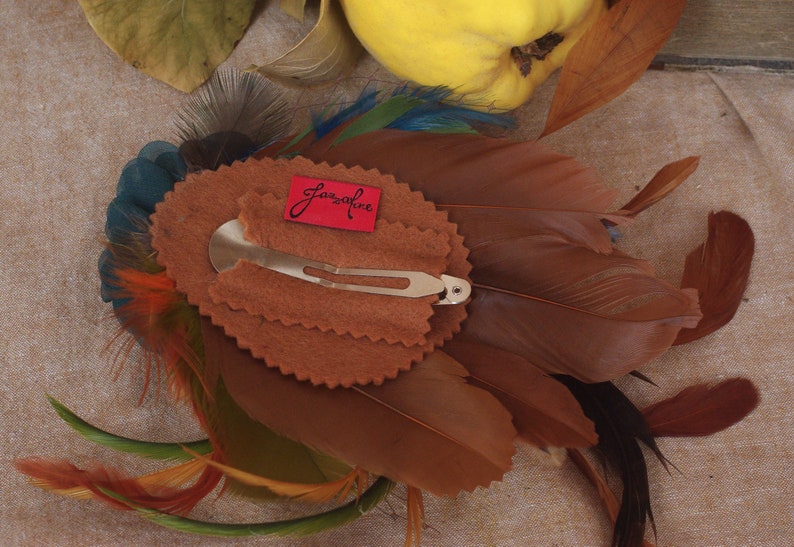 Fall colors Headpiece Teal gold green rusty // Fascinator with Peacock Pheasant feathers // autumn or winter wedding bridesmaids boho bride image 3