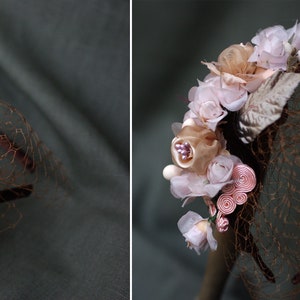 BOHO WEDDING Bridal accesories: Headband & Corsage // pale pink beige taupe // Original silk velvet Vintage // Brooch Headpiece Veil image 3