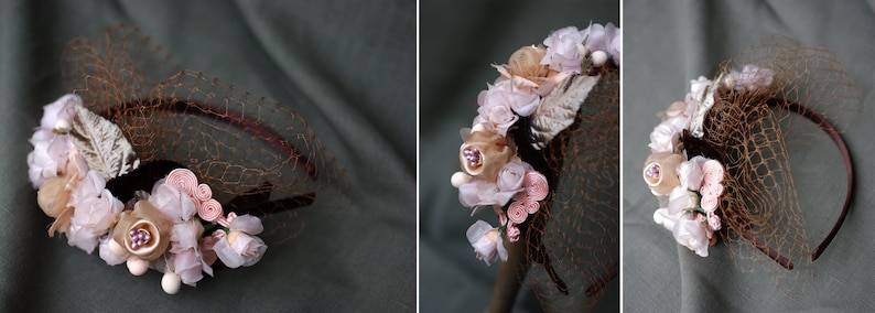 BOHO WEDDING Bridal accesories: Headband & Corsage // pale pink beige taupe // Original silk velvet Vintage // Brooch Headpiece Veil image 3