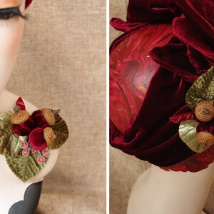 BURGUNDY Velvet Turban Headband & Brooch // Vintage 40s 30s // Retro Art Nouveau // deep red green velvet bow wine red acorns // Jazzafine image 10