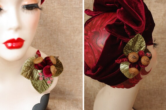 BURGUNDY Velvet Turban Headband & Brooch // Vintage 40s 30s  display picture 2