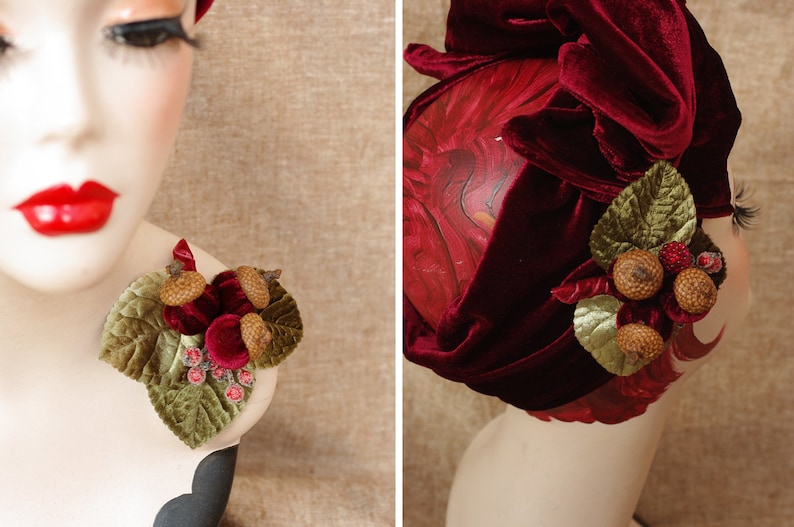 BURGUNDY Velvet Turban Headband & Brooch // Vintage 40s 30s // Retro Art Nouveau // deep red green velvet bow wine red acorns // Jazzafine image 10