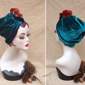 Two tones Cherry Red & Teal TURQUOISE VELVET Turban hat Full Cap // Vintage diva 30s 40s Retro accessories // cancer hair lost Art nouveau image 9