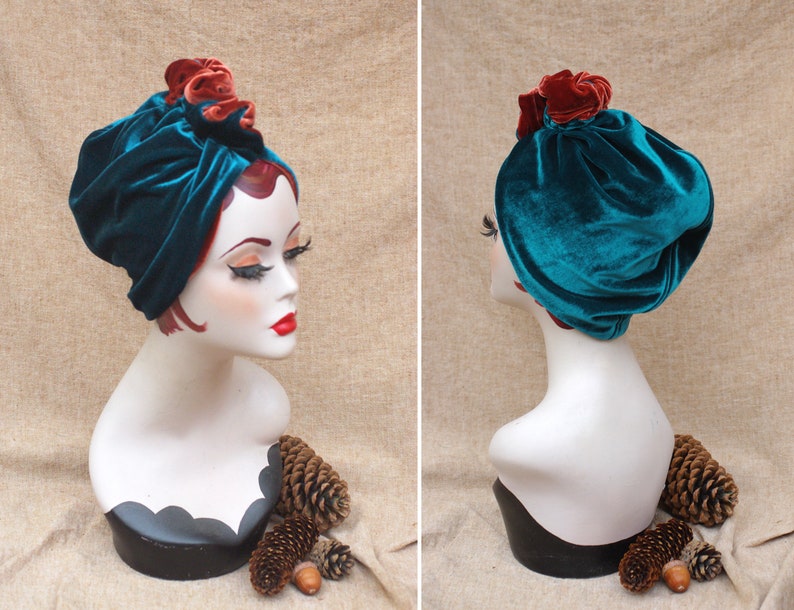 Two tones Cherry Red & Teal TURQUOISE VELVET Turban hat Full Cap // Vintage diva 30s 40s Retro accessories // cancer hair lost Art nouveau image 9