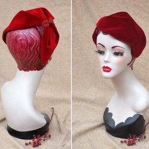 Wine Red Velvet Half Hat // Headpiece Vintage 30s 20s Art Deco // Diva Headband Fascinator accesories Valentines // engagement gift idea image 4