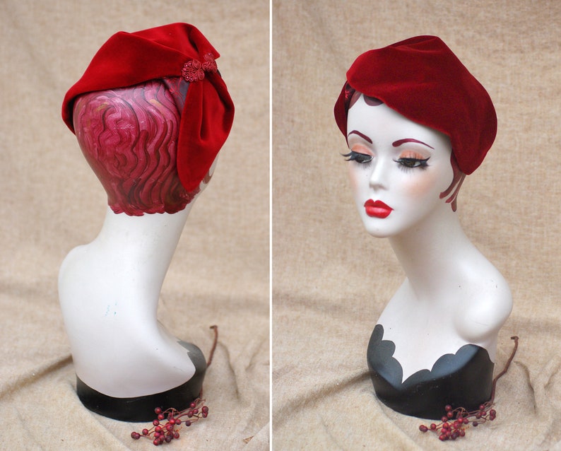 Wine Red Velvet Half Hat // Headpiece Vintage 30s 20s Art Deco // Diva Headband Fascinator accesories Valentines // engagement gift idea image 4