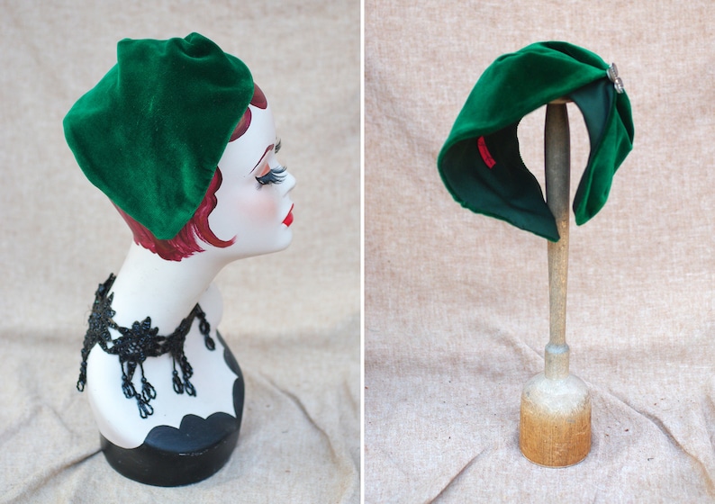 Billard green Velvet Half Hat with mother of pearl // emerald Headpiece Vintage 30s 20s Art Deco // Diva Look // Headband Fascinator spring image 3