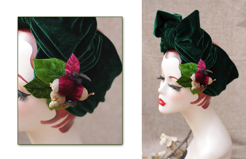 DEEP GRREN Velvet Turban Headband & Brooch // Vintage 40s 30s // Retro Art Nouveau //burgundy green red bow // acorns // Jazzafine image 4