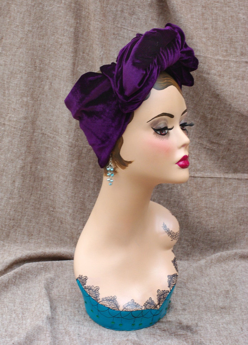 Urban Turban DIVA plum purple VELVET Headband Vintage fifties forties 40ties 50ties style Retro 1940 1950 Bow elegant extravagant retro image 3