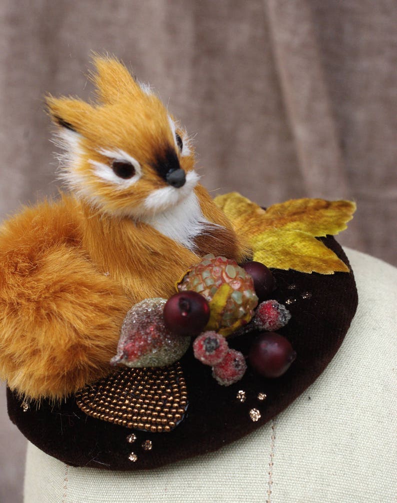 Headpiece Fascinator squirrel velvet berries chocolate brown copper elegant ascot vintage gold pets leaf fall spring ascot dots wild animal