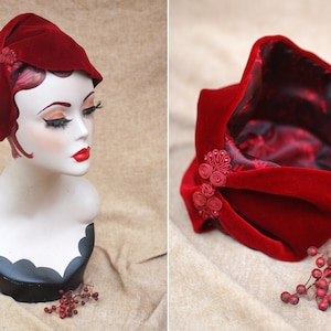 Wine Red Velvet Half Hat // Headpiece Vintage 30s 20s Art Deco // Diva Headband Fascinator accesories Valentines // engagement gift idea image 2