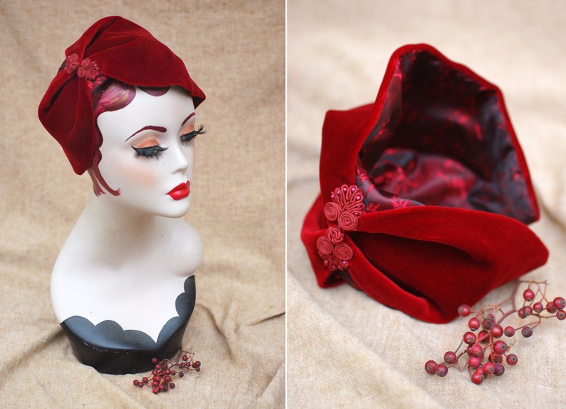 Wine Red Velvet Half Hat // Headpiece Vintage 30s 20s Art Deco // Diva Headband Fascinator accesories Valentines // engagement gift idea image 2