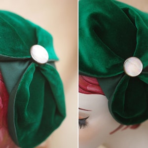 Billard green Velvet Half Hat with mother of pearl // emerald Headpiece Vintage 30s 20s Art Deco // Diva Look // Headband Fascinator spring image 9