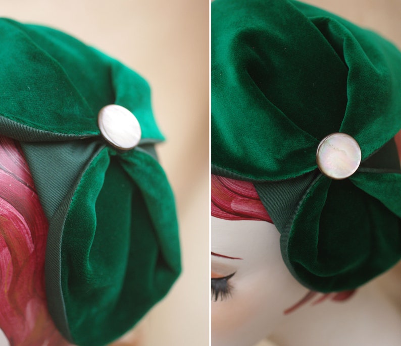 Billard green Velvet Half Hat with mother of pearl // emerald Headpiece Vintage 30s 20s Art Deco // Diva Look // Headband Fascinator spring image 9