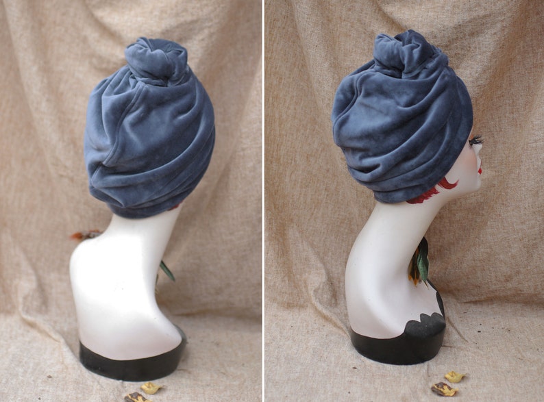 VELVET Turban hat deep green, pigeon blue or stone grey// Vintage diva 30s 40s Retro // accessories cancer hair lost therapy // Art nouveau image 8