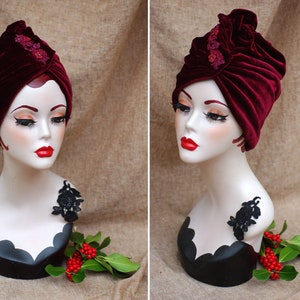 BURGUNDY red VELVET Turban hat // Vintage diva style // 30s 40s Retro // Unique // accessories // cancer hair lost therapy // Art nouveau image 1