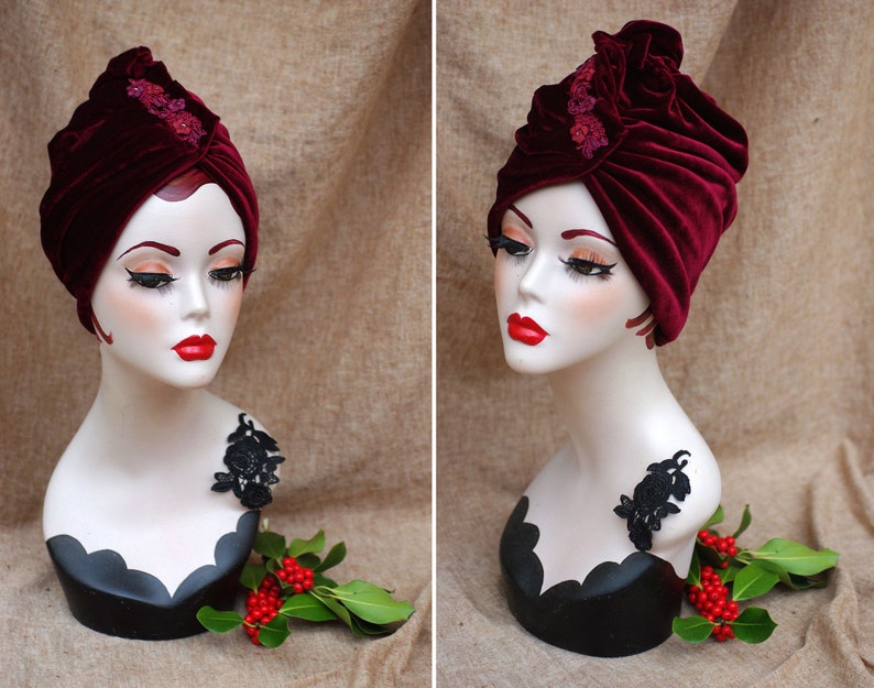 BURGUNDY red VELVET Turban hat // Vintage diva style // 30s 40s Retro // Unique // accessories // cancer hair lost therapy // Art nouveau image 1