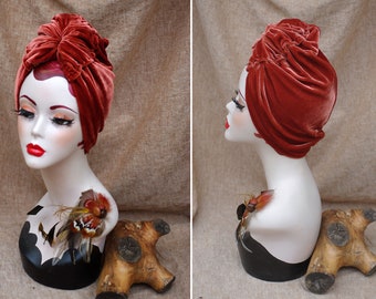 RUSTY COPPER RED velvet : Full cap Turban // Vintage 40s 30s 20s // Retro Art Nouvea Hat // accessories for red hair beauties  // hair lost