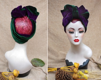 DEEP GRREN & PURPLE Velvet Turban Headband // Vintage 40s 30s // Retro Art Nouveau Bow // two colors plum Diva Look accessories Jazzafine