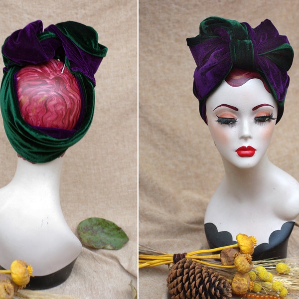 Bande de cheveux turban en velours VERT FONCÉ et VIOLET // bande de turban violet vert // accessoires automne hiver vintage années 30 40 diva look bandana bow