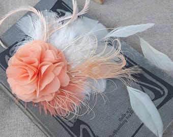 Headpiece fascinator feathers burlesque apricor blush peach peachy head flower bridal bridesmaid wedding vintage cream ivory boho bride
