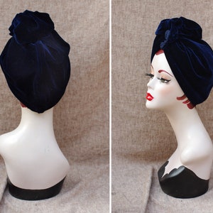 NAVY blue VELVET Turban hat // Vintage diva style // 30s 40s Retro // Unique // accessories // cancer hair lost therapy // Art nouveau image 4