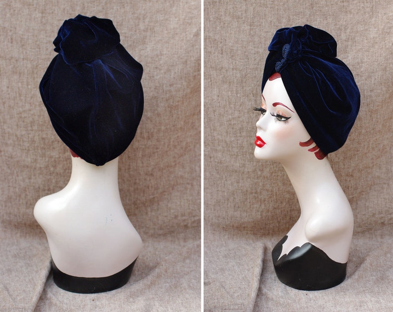 NAVY blue VELVET Turban hat // Vintage diva style // 30s 40s Retro // Unique // accessories // cancer hair lost therapy // Art nouveau image 4