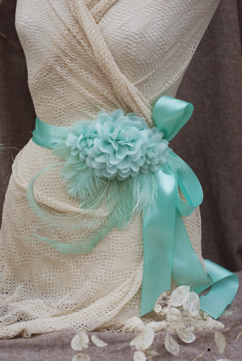 Bridal Sash /& Headpiece vintage wedding belt Fascinator Bride light green Peacock edwardian romantic Bridesmaid MINT PALE GEEN