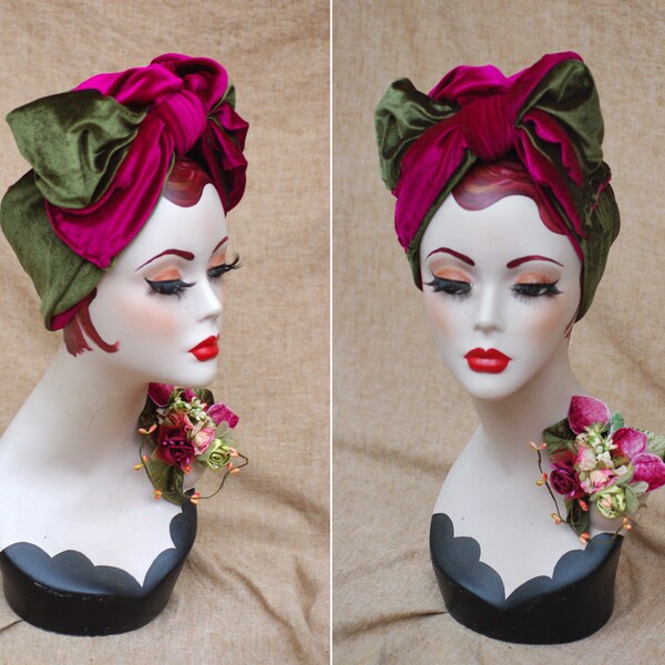 Hot Pink & Olive Green Velvet Turban Headband Brooch // pin up bourlesque Vintage 20s 30s // Bow Art Nouveau // spring accessories