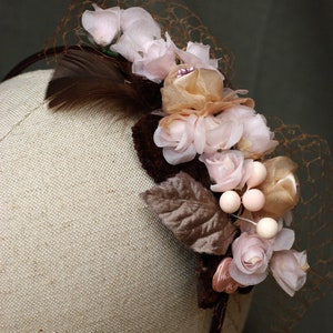 BOHO WEDDING Bridal accesories: Headband & Corsage // pale pink beige taupe // Original silk velvet Vintage // Brooch Headpiece Veil image 7