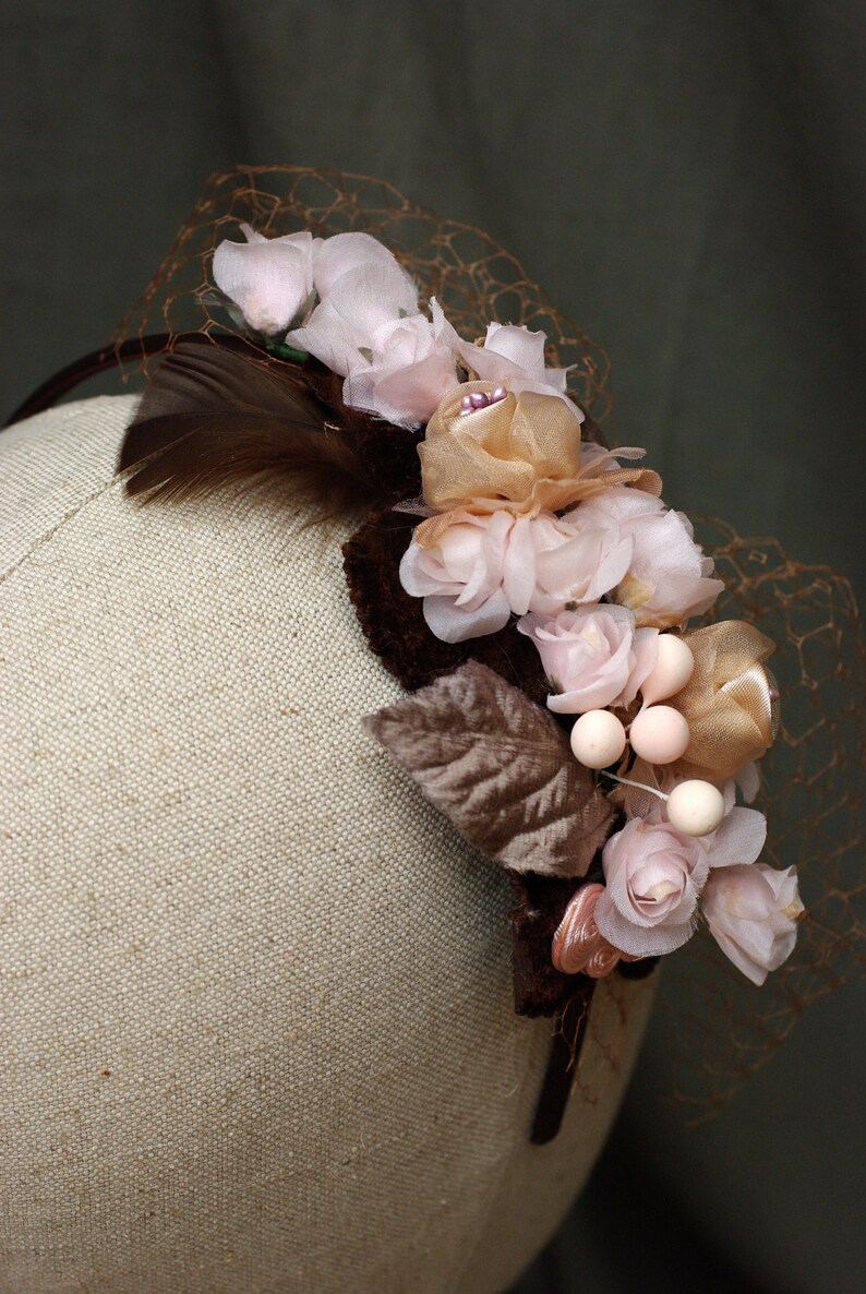 BOHO WEDDING Bridal accesories: Headband & Corsage // pale pink beige taupe // Original silk velvet Vintage // Brooch Headpiece Veil image 7