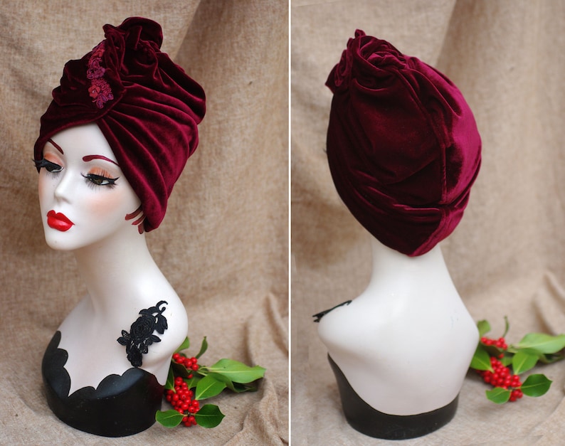 BURGUNDY red VELVET Turban hat // Vintage diva style // 30s 40s Retro // Unique // accessories // cancer hair lost therapy // Art nouveau image 3