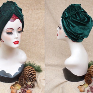 DEEP GREEN velvet Full cap Turban // Accessories Vintage 40s 30s 20s // Retro Art Nouveau Roaring Twenties // Turban Hat // Jazzafine