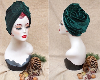 DEEP GREEN velvet Full cap Turban // Accessories Vintage 40s 30s 20s // Retro Art Nouveau Roaring Twenties // Turban Hat // Jazzafine