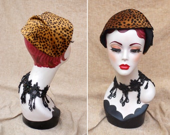 For LEO PRINT Lovers: Velvet Half Hat // Headpiece Vintage 30s 20s Art Deco // Headband Fascinator black copper animal print accessories