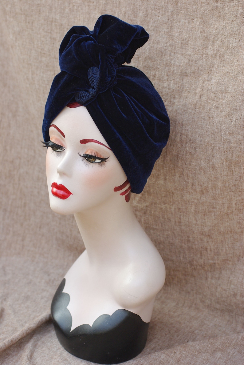 NAVY blue VELVET Turban hat // Vintage diva style // 30s 40s Retro // Unique // accessories // cancer hair lost therapy // Art nouveau image 8