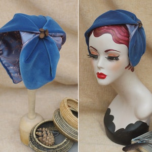 Pastell blue Velvet Half Hat // copper & azure sky blue wide Headband // Headpiece Vintage 30s 20s Art Deco Fascinator hair covering church