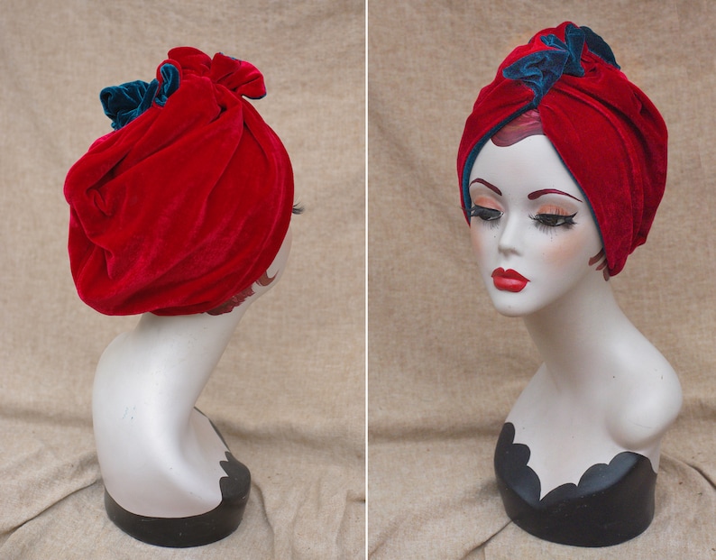 Two tones Cherry Red & Teal TURQUOISE VELVET Turban hat Full Cap // Vintage diva 30s 40s Retro accessories // cancer hair lost Art nouveau image 2